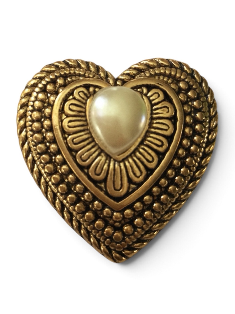 Vtg Gold‑Tone Heart Brooch with Faux Pearl - Stamped Taiwan, Intricate Design